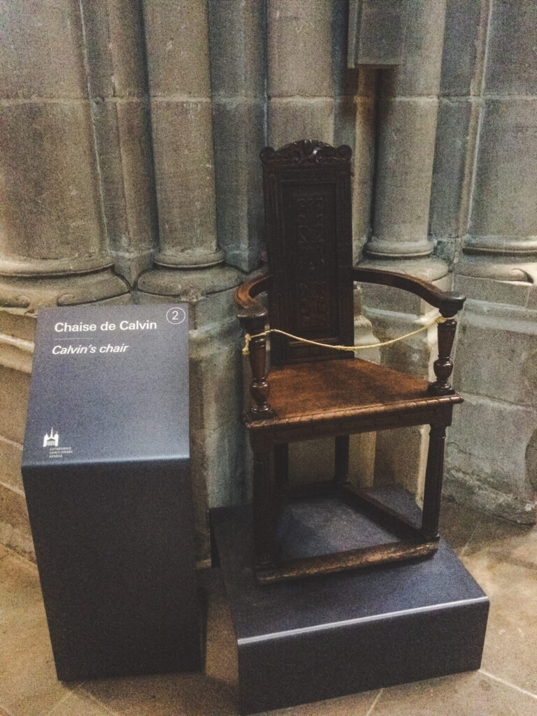 From 1536 to 1564 Protestant leader John Calvin preached here and you can still see his seat displayed in the north aisle.